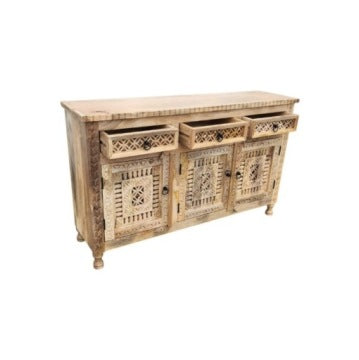 Raza Hand-Carved Indian Mango Wood Sideboard in Natural Finish