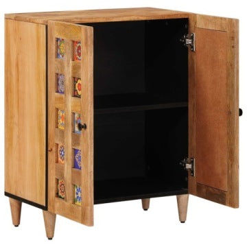 Mango Wood Boho Cabinet 60 x 33.5 x 75 cm with Doors and Ceramic Details