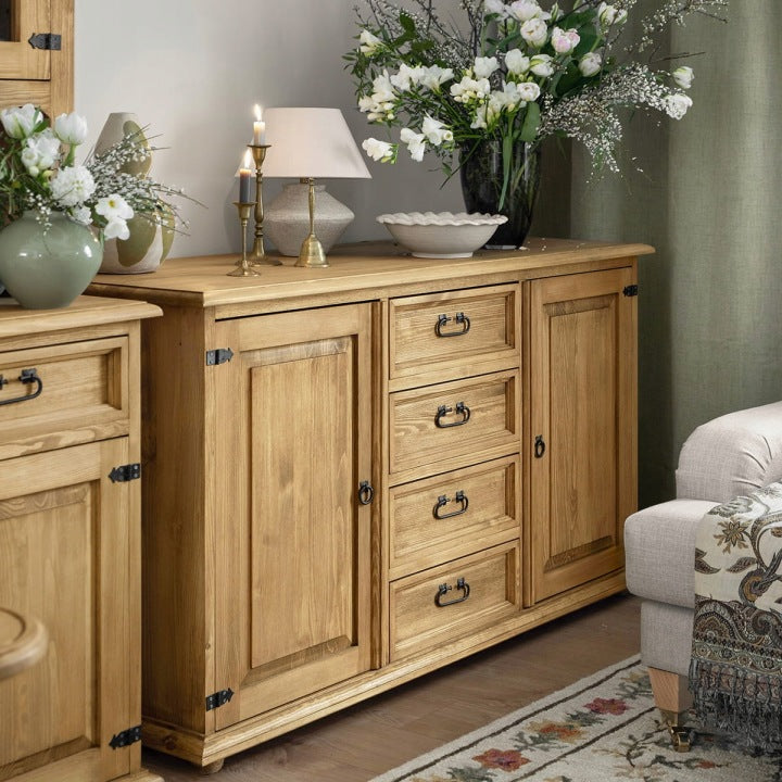 Rustic Solid Wood Sideboard 150 cm with Drawers and Open Shelves