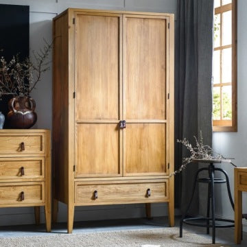 Modern Two-Door Solid Wood Wardrobe with Drawer, Hanging Rail and Shelf