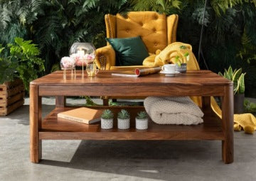 Solid Rosewood Coffee Table with Shelf and Lacquered Finish