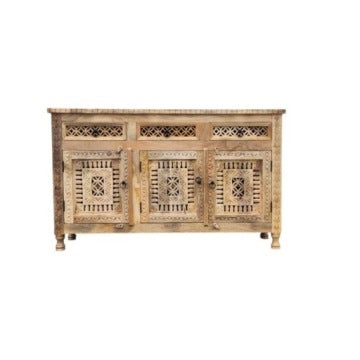 Raza Hand-Carved Indian Mango Wood Sideboard in Natural Finish