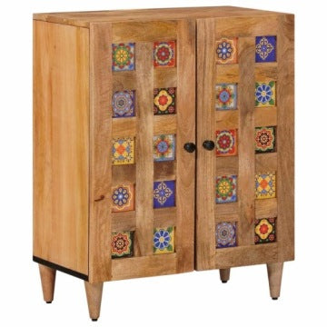 Mango Wood Boho Cabinet 60 x 33.5 x 75 cm with Doors and Ceramic Details