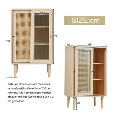 Wood-Tone Sideboard with Rattan-Effect Doors and Sliding Glass Panels