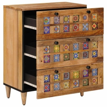 Mango Wood Boho Sideboard 60 x 33 x 75 cm with 3 Drawers and Ceramic Details