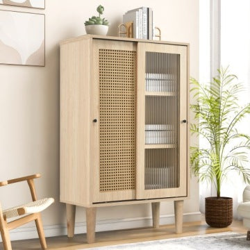 Wood-Tone Sideboard with Rattan-Effect Doors and Sliding Glass Panels